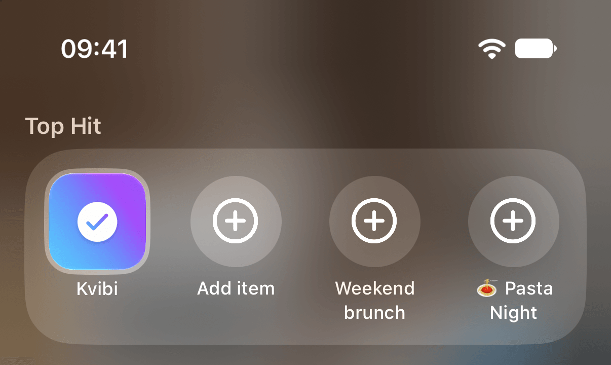 Kvibi quick actions on iPhone: add an item or open a list